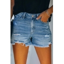 Street Look Girls Shorts Solid Ripped Zipper Fly High Waist Straight Denim Shorts