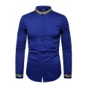 Simple Mens Shirt Embroidered Print Long Sleeve Button Closure Stand Collar Regular Fit Shirt