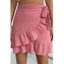 Creative Womens Tied Skirt Solid Color Mini Skirt with Ruffles