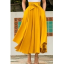 Stylish Womens Maxi Skirt Pure Color Tied Front Flared Skirt