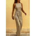 Elegant Womens Jumpsuits Solid Sequined Sleeveless Crew Neck Backless Bow Tied Wide Leg Jumpsuits