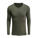 Men's Casual Stripe Texture T-Shirt Plain Long Sleeve Round Neck Regular Fit T-Shirt