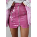Edgy Girls Skirt Solid PU Leather Zip Fly High Rise Asymmetrical Mini A-Line Skirt