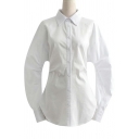 Classic Womens White Shirt Button Up Solid Color Lapel Collar Curved Hem Long Sleeve Tunics Shirt