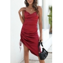 Stylish Ladies Asymmetrical Dress Pure Color Draped Spaghetti Straps Ruched Side Slim Fitted Midi Dress