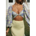 Sexy Womens Floral Print Deep Sweetheart Neck Tie Back Long Puff Sleeves Crop Shirt with Ruffles