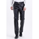 Casual Mens Pants Plain Zip Placket PU Leather Pocket Detail Mid Rise Full Length Regular Fit Pants in Black