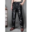 Casual Mens Pants Plain Button Placket PU Leather Pocket Detail Mid Rise Full Length Regular Fit Pants in Black