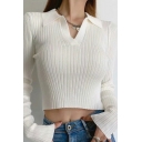 Fashion Plain Knit Top V Neck Long Sleeve Slim Fit Cropped Knit Top for Ladies