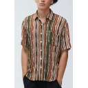 Leisure Men's Shirt Striped Pattern Turn-Down Collar Single Breasted Short Sleeve Shirt