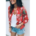 Trendy Ladies Jacket Floral Pattern Ribbed Stand Collar Zip Fly Long Sleeve Bomber Jacket