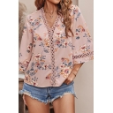 Vintage Chiffon Shirt Flower Print V Neck 3/4 Sleeve Hollow Detail Loose Fit Blouses Shirt for Women