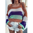 Fashionable Ladies Hollow Sweater Striped Print Cold Shoulder Loose Fit Long Sleeve Knit Top