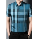 Trendy Shirt Plaid Pattern Turn-down Collar Slim Fit Short-Sleeved Button Closure Shirt
