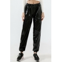 Unique Ladies Pants Plain Sparkly Shiny Elastic Waist Cuffed High Rise Loose Tapered Pants