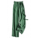 Chic Womens Belted Pants Pure Color Zip Down High Waist Ruffles Detail Long Straight Wide Leg Pants