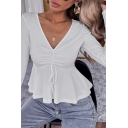 Casual Womens Ruffled Knit Top V Neck Ruched Long Sleeve Knit Tee Top in White