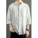 Trendy Guys Shirt Plain Stand Collar Single Breasted 3/4 Length Sleeve Chest Pocket Shirt