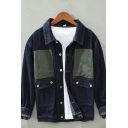 Trendy Men's Jacket Color Block Button Closure Pocket Turn-down Collar Fitted Denim Jacket in Blue