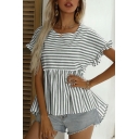 Trendy Womens Blouses Stripe Pattern Round Neck Regular Fit Shirt with Ruffles