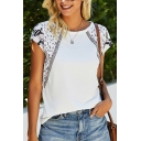Vintage Womens T-Shirt Round Neck Leopard Print Patchwork Cap Sleeve Regular Fit Tee Top