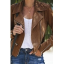 Stylish Womens Plain Jacket Notched Lapel Collar Zipper Down Slim Fit Long Sleeve Jacket