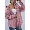 Fashion Womens Corduroy Jacket Lapel Collar Solid Color Single Breasted Relaxed Fit Jacket with Flap Pockets