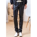 Cool Leather Pants Plain Side Pocket Slimming Zip Front Long Length Leather Pants for Guys