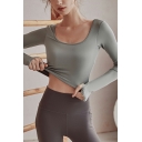 Simple Womens T-Shirt Plain Hollow Scoop Neck Long Sleeve Cropped Workout T-Shirt