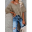 Leisure Ladies T-Shirt Solid V-Neck Half Sleeve Relaxed T-Shirt