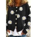 Urban Ladies Sweater Flowers Printed Round Neck Single Breasted Long Sleeve Cardigan