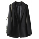 Classic Womens Black Blazer Notched Lapel Collar Single Button Flap Pockets Loose Fitted Blazer