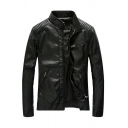 Hot Men's Leather Jacket Whole Colored Pleated Zipper Pocket Stand Collar Leather Jacket