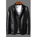 Vintage Plain Mens Jacket Lapel Collar Pocket Detail Button Closure Fitted Leather Jacket