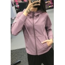 Simple Womens Jacket Plain Zip Fly Front Pockets Long Sleeve Dry Fit Hooded Gym Jacket