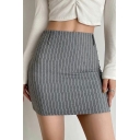 Stylish Ladies Bodycon Skirt Striped Pattern High Waist Slim Fit Mini Skirt