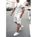 Simple Men's Set Solid Color Short Sleeve Round Neck Tee Top with Drawstring Waist Shorts Set