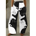 Trendy 3D Cat Printed Pants Elastic High Waist Pockets Long Straight Wide Leg Pants for Women