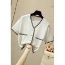 Classic Womens Knit Top Contrast Stitching V Neck Button Down Short Sleeve Regular Fit Knit Top