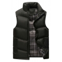 Street Style Mens Vest Plain Sleeveless Pocket Stand Collar Fitted Zip Placket Vest