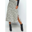 Vintage Womens Chiffon Skirt Leopard Print Split Side High Rise A-Line Midi Skirt