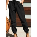 Trendy Womens Pants Solid Drawstring Waist Mid Rise Flap Pockets Loose Tapered Pants