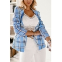 Fashionable Ladies Blazers Plaid Notched Lapel Double Breasted Long Sleeve Short Blazers