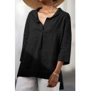 Simple Ladies Blouses Plain Spread Collar 3/4 Length Sleeve High Low Shirt