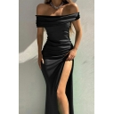 Stylish Womens Sheath Dress Solid Color Off the Shoulder Split Side Slim Fit Maxi Dress