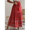 Bohemian A-Line Skirt Drawstring Elastic Elastic Floral Print Maxi Skirt for Women
