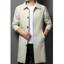 Dashing Guy's Coat Pure Color Turn-down Collar Long Sleeve Regular Button down Trench Coat