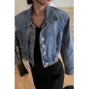 Stylish Womens Jacket Plain Lapel Collar Single Breasted Long Sleeve Cropped Denim Jacket