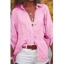 Retro Ladies Shirt Pure Color Spread Collar Cotton and Linen Button Closure 3/4 Length Sleeve Regular Fit Shirt