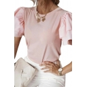 Leisure Womens T-Shirt Solid Color Round Neck Ruffles Detail Short Sleeve Slim Fit T-Shirt